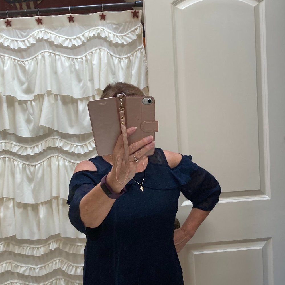 Navy Blue Clip-dot Cold Shoulder Ruffle Top Size XS